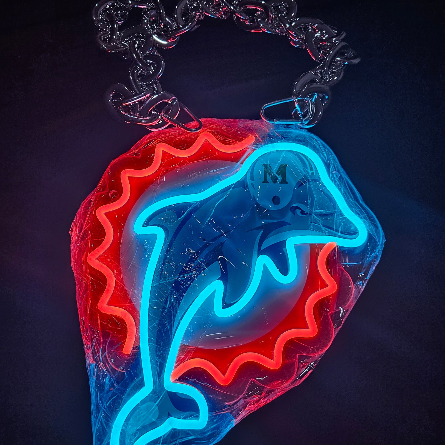 DOLPHINS 12v old school Logo FAN LED NECKLACE CHAIN DUAL POWER OPTION BATTERY BOX AND POWER plug with remote and dimmer