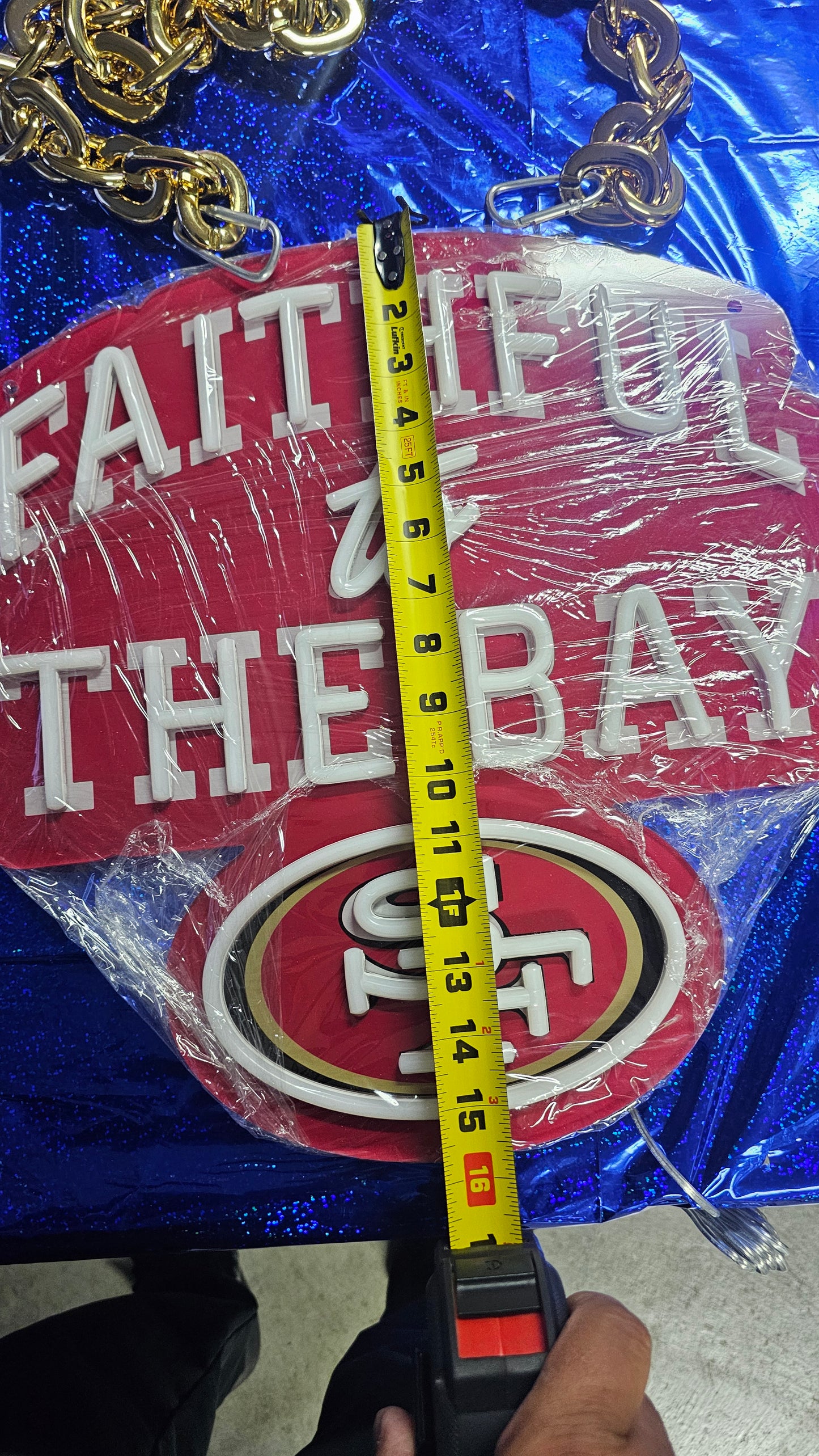 FAITHFUL TO THE BAY 49ers led chain Necklace or wall sign white neon with Red uv 12v dual power with remote and dimmer GOLD CHAIN