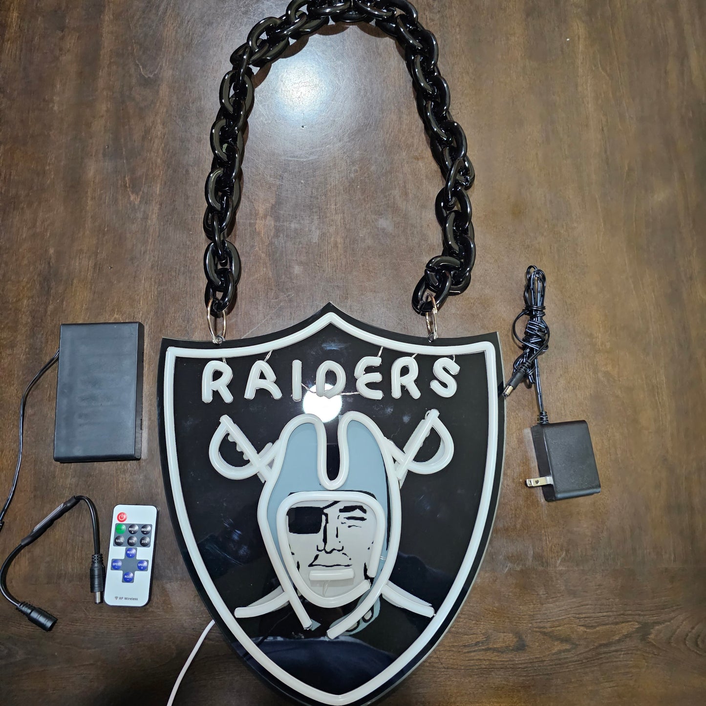 LAS VEGAS RAIDERS LED SHIELD NECKLACE Dual power with Dimmer and flashing and remote!!