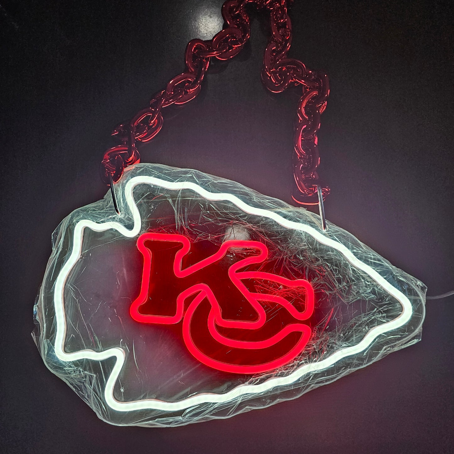 KANSAS CITY CHIEFS FAN LED NECKLACE 12V CHAIN DUAL POWER OPTION BATTERY BOX AND POWER SUPPLY PLUG w/remote