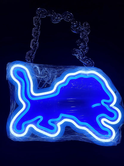 LIONS FAN NEON BLUE AND WHITE NEON ONE OF A KIND CHAIN 12V DUAL POWER WITH REMOTE DIMMER