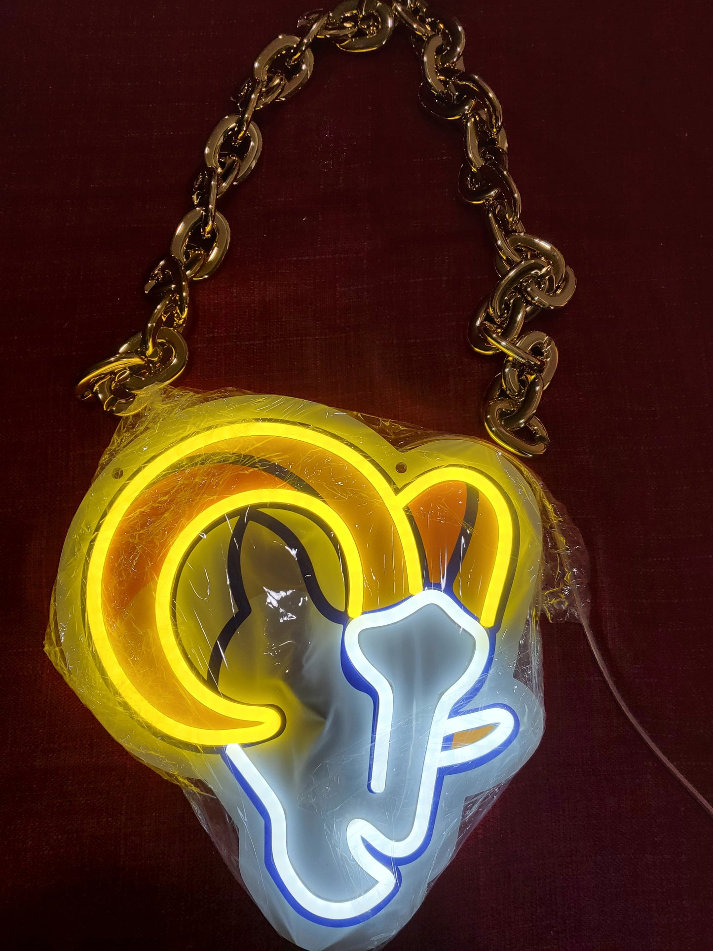 RAMS HEAD White Neon white uv chain sign 12v dual power with remote and dimmer