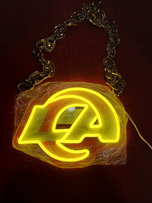 RAMS LA LOGO yellow and white neon uv backing 12v with dimmer and remote chain necklace