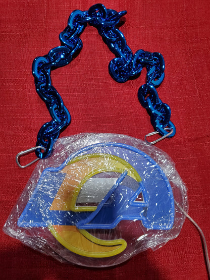 RAMS LA LOGO blue neon and yellow uv backing 12v with dimmer and remote chain necklace