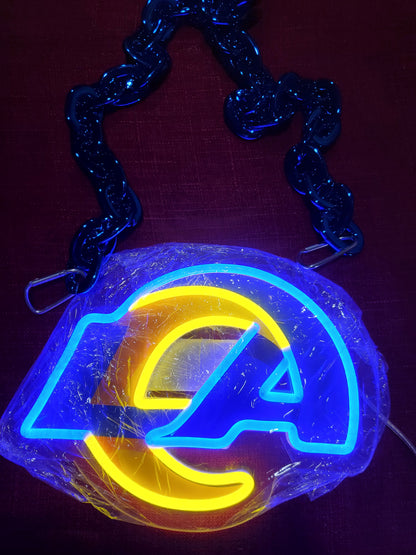 RAMS LA LOGO blue neon and yellow uv backing 12v with dimmer and remote chain necklace