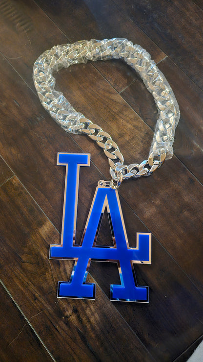 High gloss acrylic blue on silver necklace LA Dodgers chain 10 × 8
