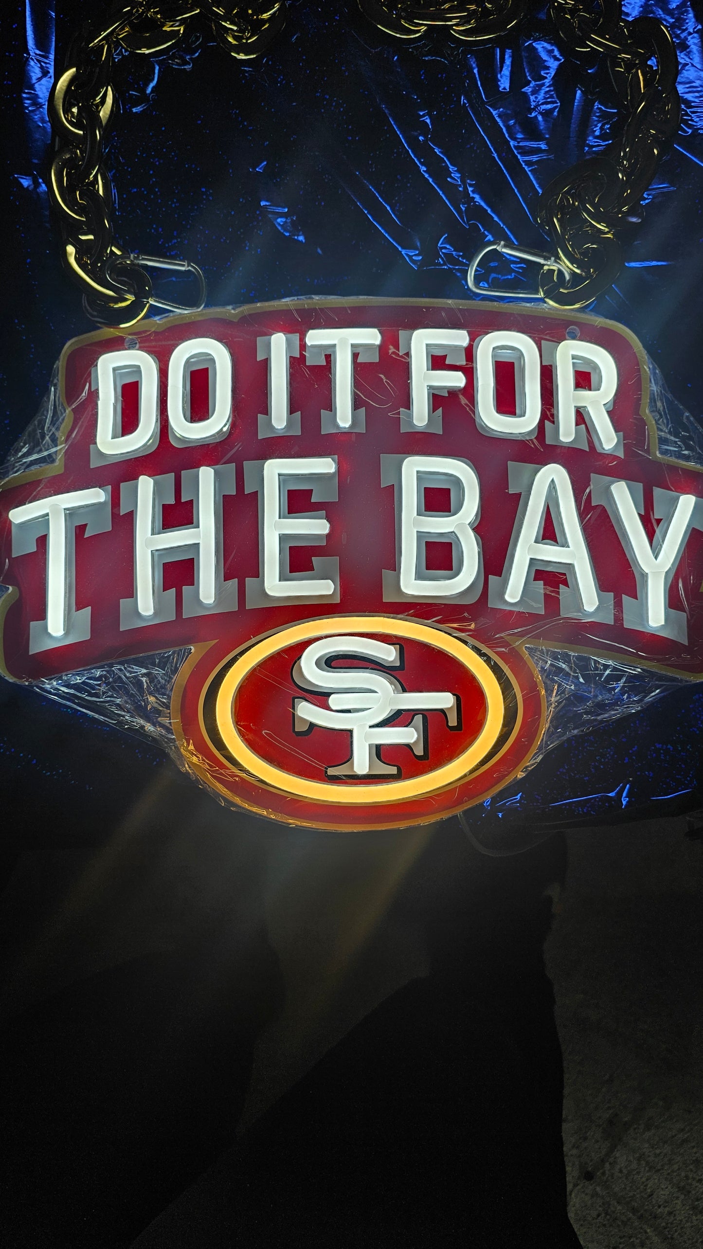 DO IT FOR THE BAY 49ers led chain Necklace or wall sign white neon with Red uv 12v dual power with remote and dimmer GOLD CHAIN