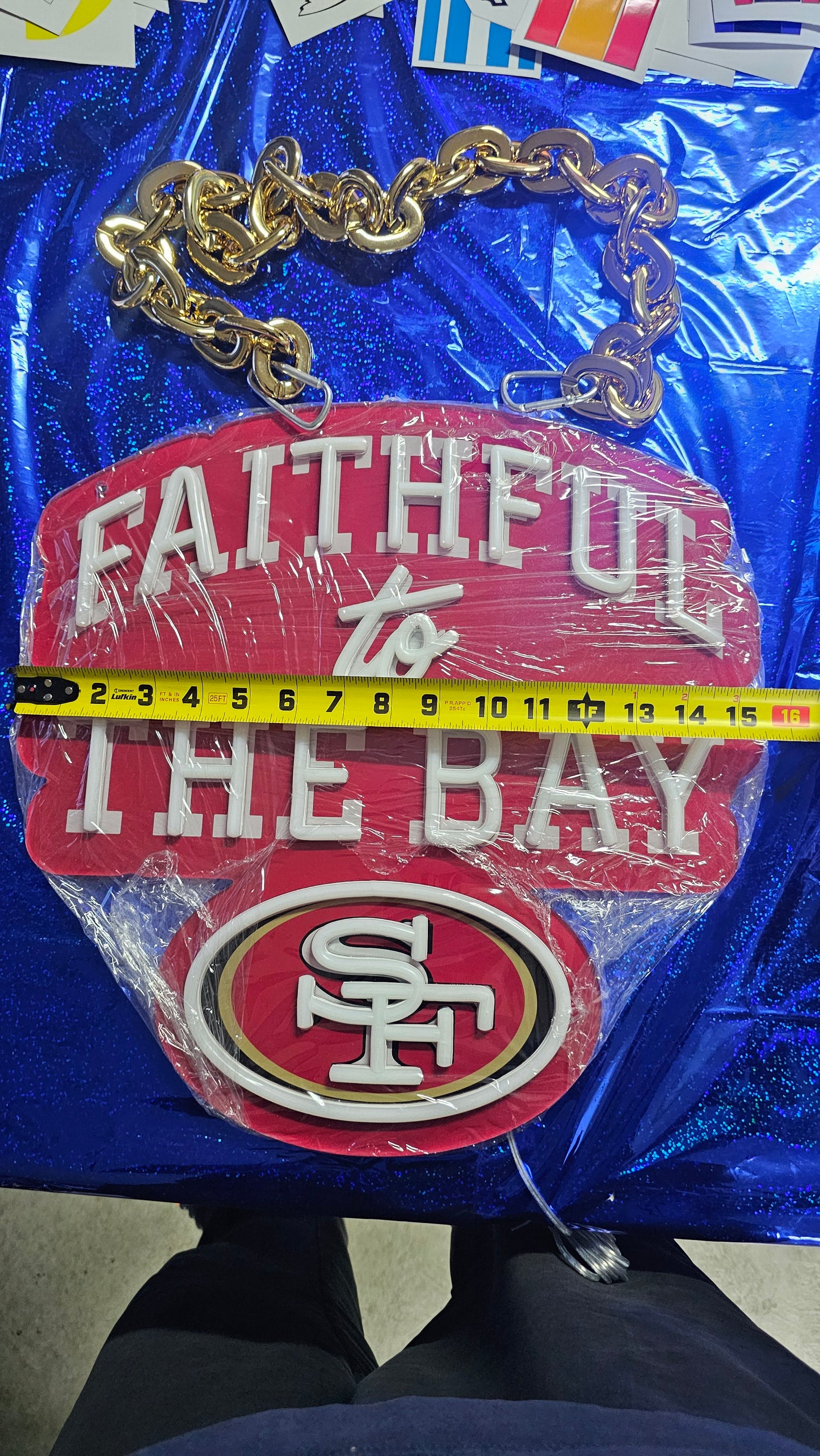 FAITHFUL TO THE BAY 49ers led chain Necklace or wall sign white neon with Red uv 12v dual power with remote and dimmer GOLD CHAIN