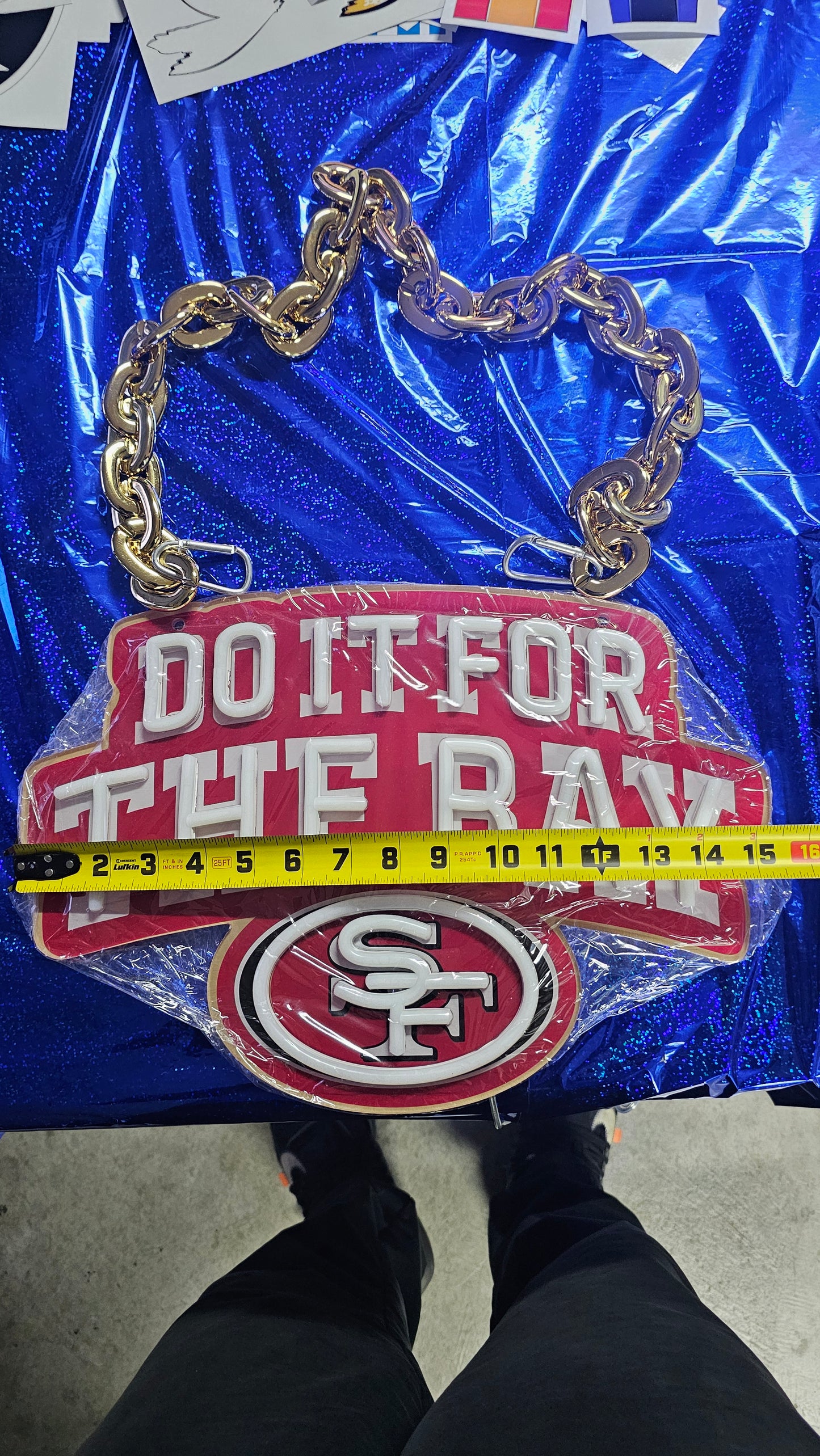 DO IT FOR THE BAY 49ers led chain Necklace or wall sign white neon with Red uv 12v dual power with remote and dimmer GOLD CHAIN