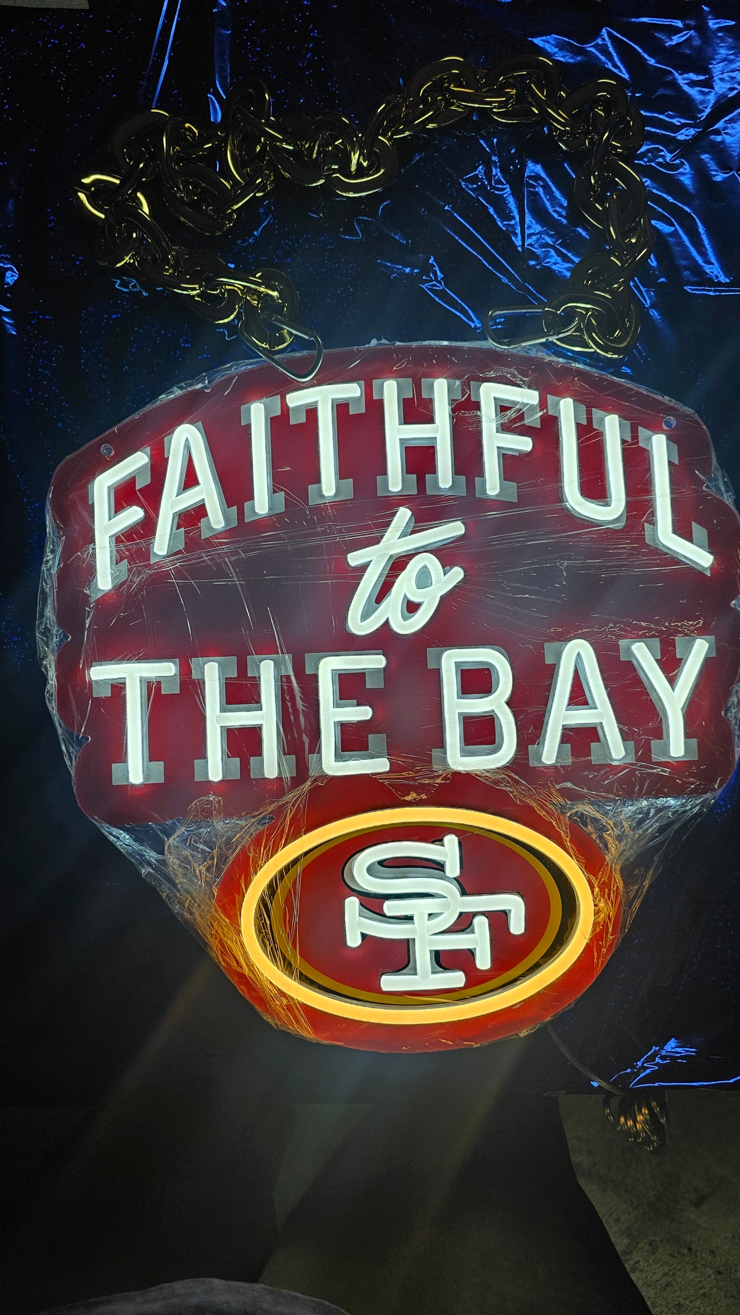 FAITHFUL TO THE BAY 49ers led chain Necklace or wall sign white neon with Red uv 12v dual power with remote and dimmer GOLD CHAIN