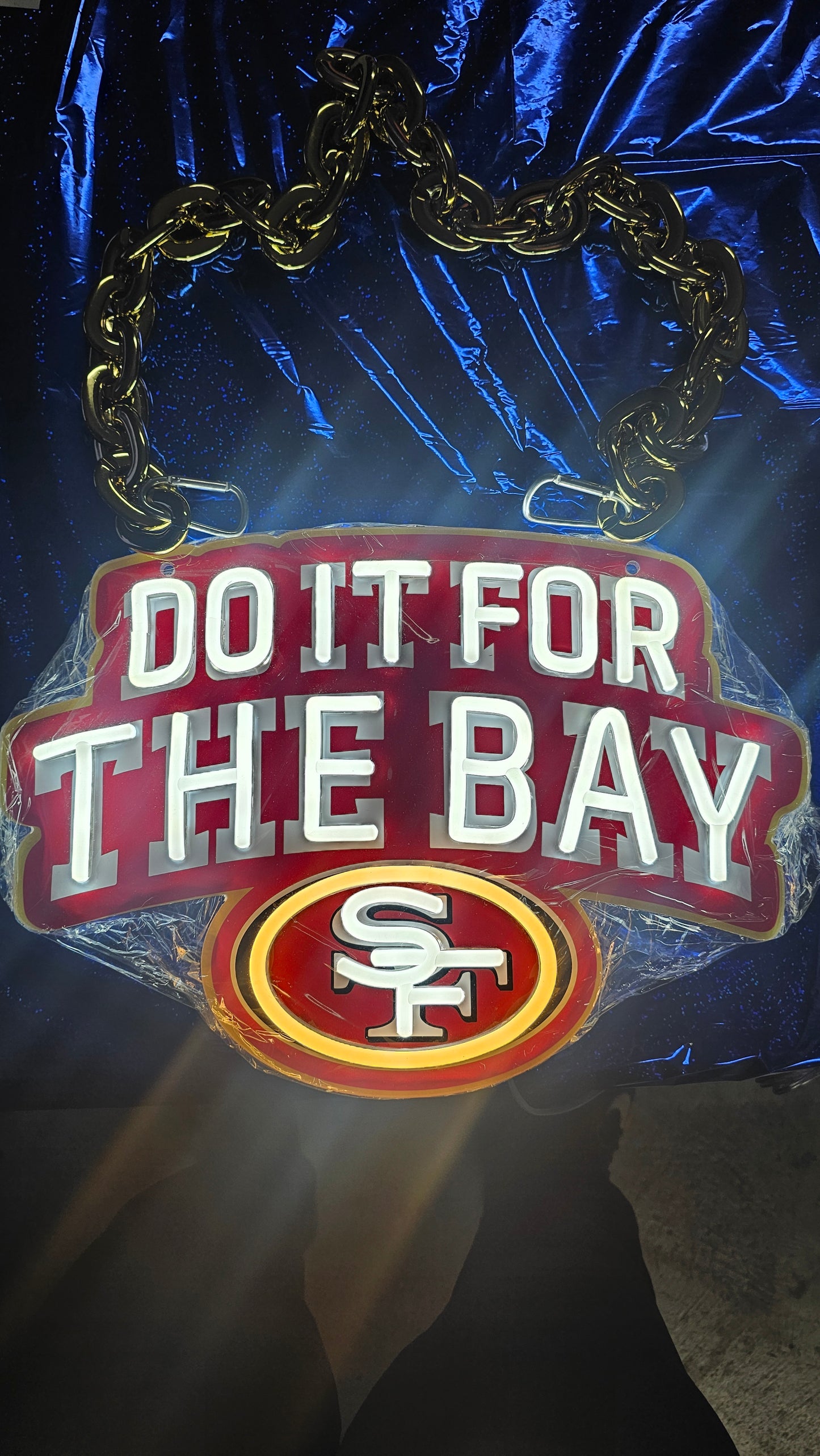DO IT FOR THE BAY 49ers led chain Necklace or wall sign white neon with Red uv 12v dual power with remote and dimmer GOLD CHAIN