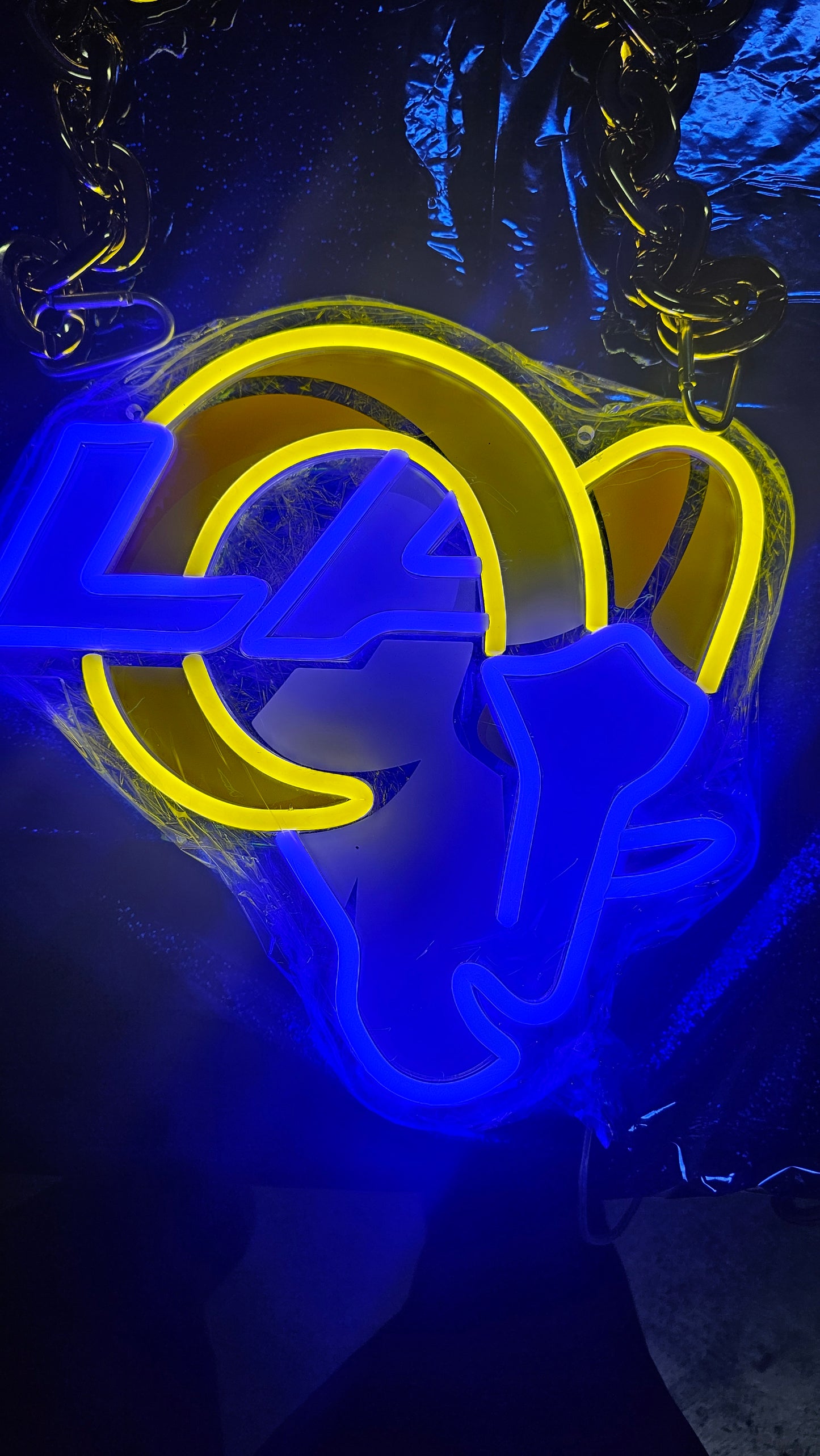 RAMS HEAD  With LA blue led chain sign 12v dual power with remote and dimmer