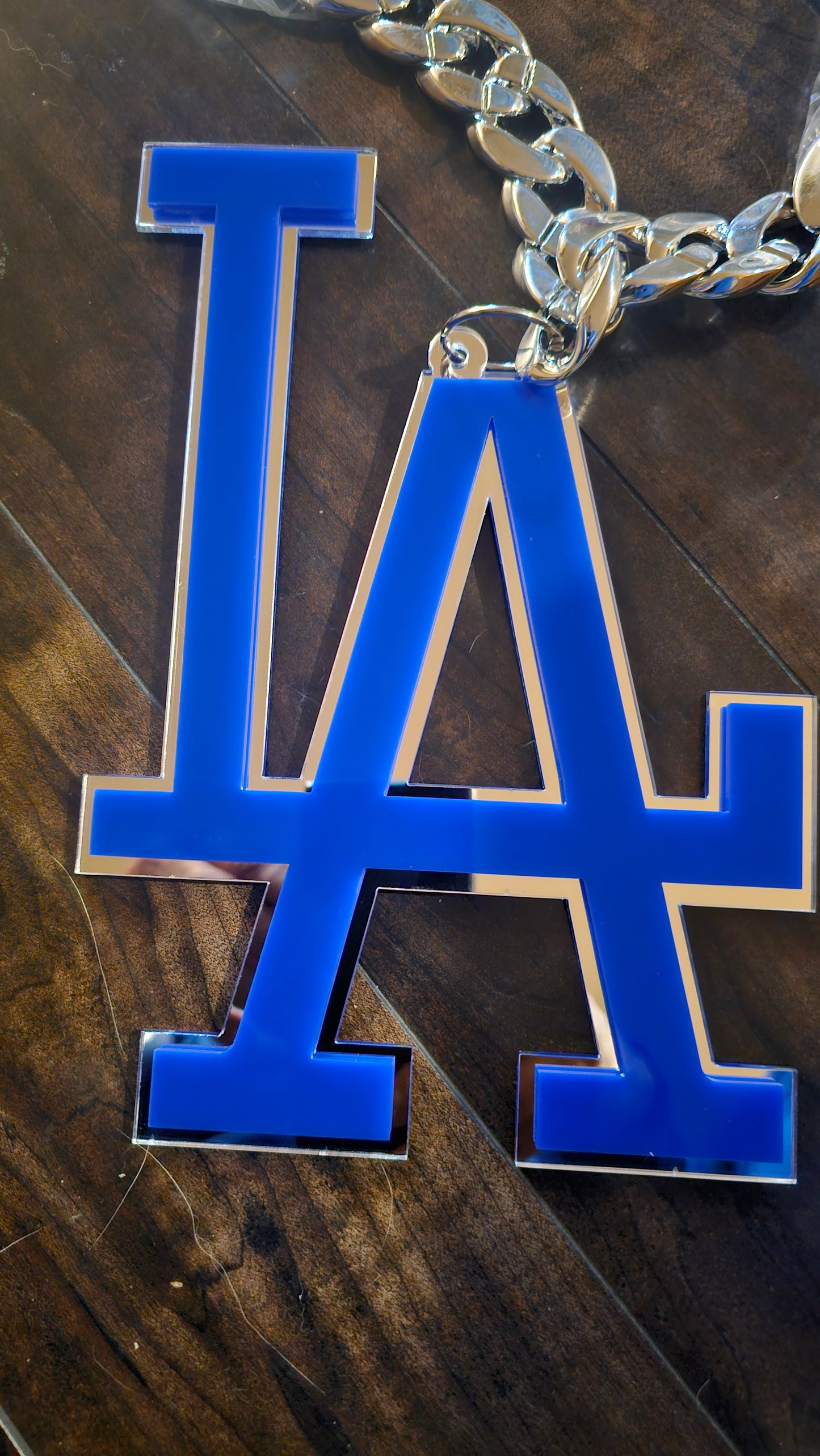 High gloss acrylic blue on silver necklace LA Dodgers chain 10 × 8